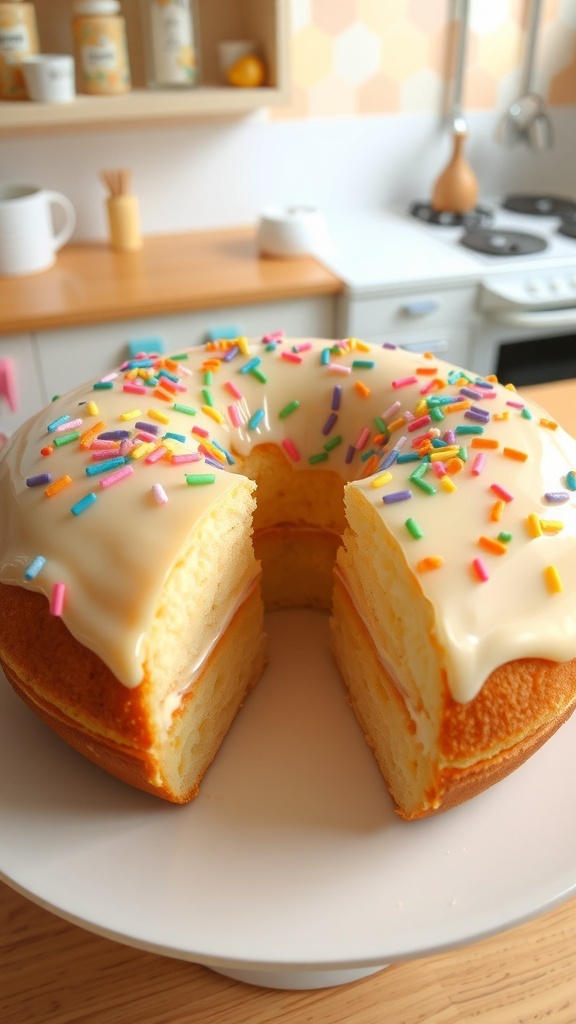 Delicious Donut-Shaped Cake Recipe A donut-shaped cake with glaze and sprinkles on a plate, showcasing a slice cut out.